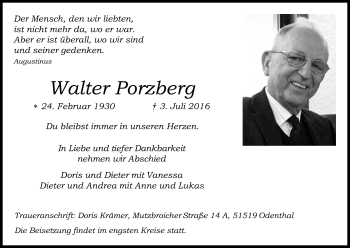 Anzeige von Walter Porzberg von Kölner Stadt-Anzeiger / Kölnische Rundschau / Express