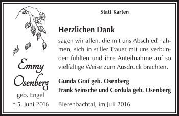 Anzeige von Emmy Osenberg von  Anzeigen Echo  Lokalanzeiger 
