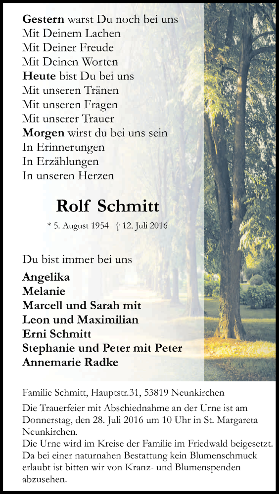  Traueranzeige für Rolf Schmitt vom 23.07.2016 aus Kölner Stadt-Anzeiger / Kölnische Rundschau / Express