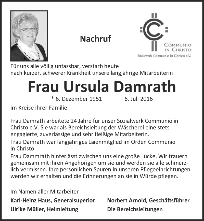  Traueranzeige für Ursula Damrath vom 09.07.2016 aus  Blickpunkt Euskirchen 