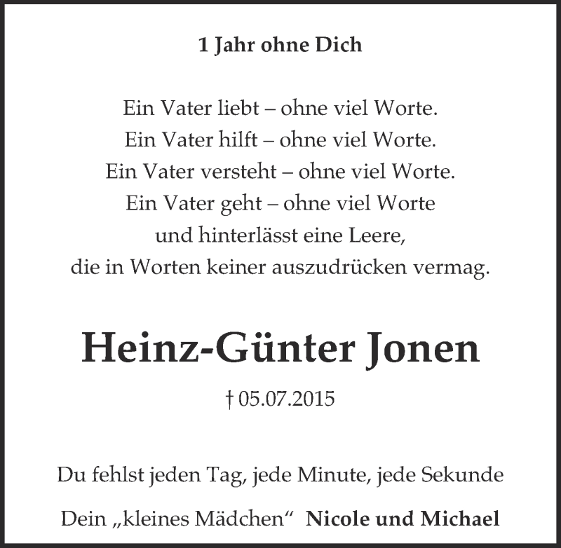  Traueranzeige für Heinz-Günter Jonen vom 06.07.2016 aus  Kölner Wochenspiegel 