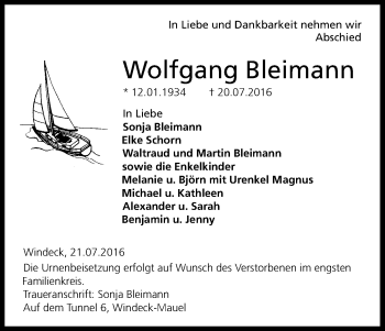 Anzeige von Wolfgang Bleimann von Kölner Stadt-Anzeiger / Kölnische Rundschau / Express