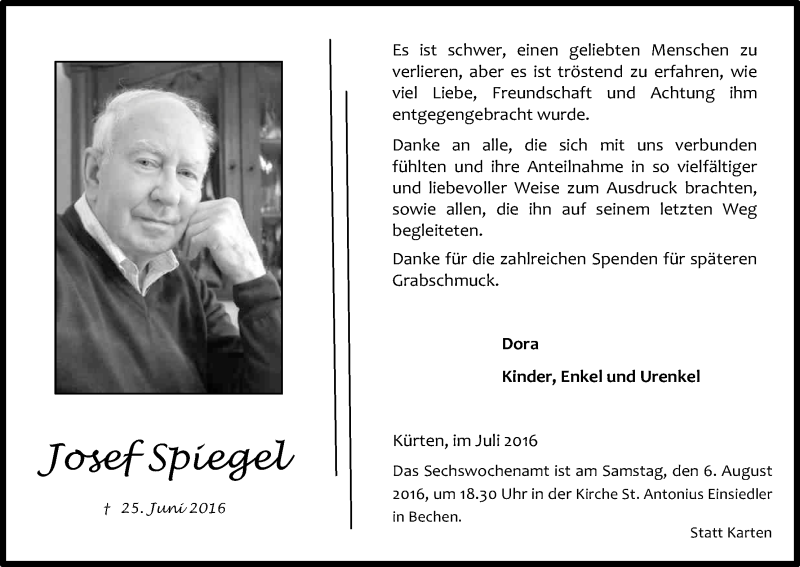  Traueranzeige für Josef Spiegel vom 30.07.2016 aus Kölner Stadt-Anzeiger / Kölnische Rundschau / Express