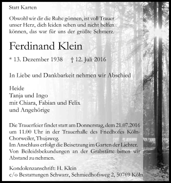 Anzeige von Ferdinand Klein von Kölner Stadt-Anzeiger / Kölnische Rundschau / Express