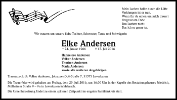 Anzeige von Elke Andersen von Kölner Stadt-Anzeiger / Kölnische Rundschau / Express