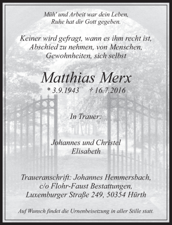 Anzeige von Matthias Merx von  Wochenende 