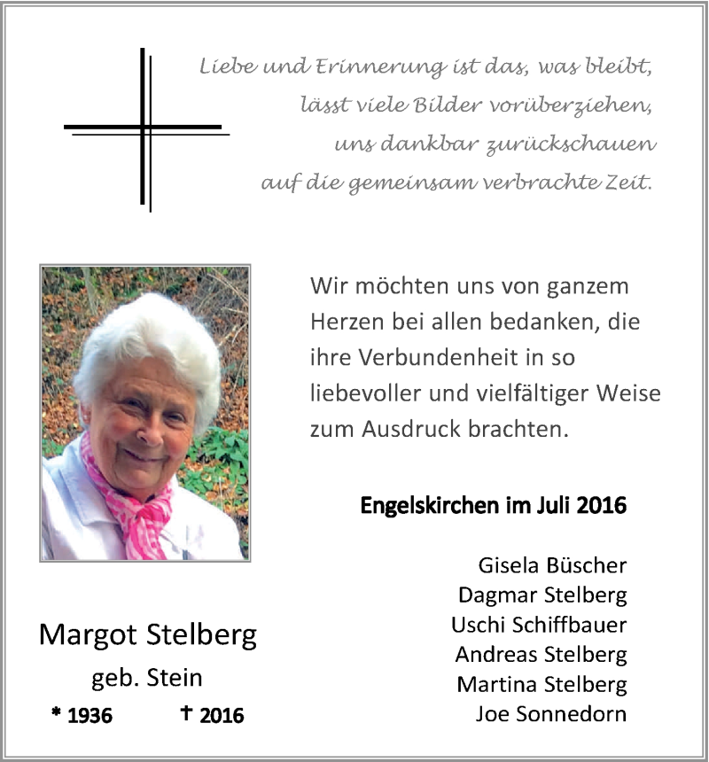  Traueranzeige für Margot Stelberg vom 23.07.2016 aus Kölner Stadt-Anzeiger / Kölnische Rundschau / Express