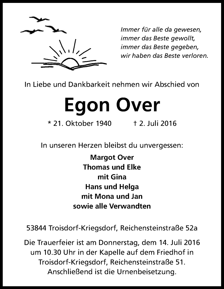  Traueranzeige für Egon Over vom 09.07.2016 aus Kölner Stadt-Anzeiger / Kölnische Rundschau / Express