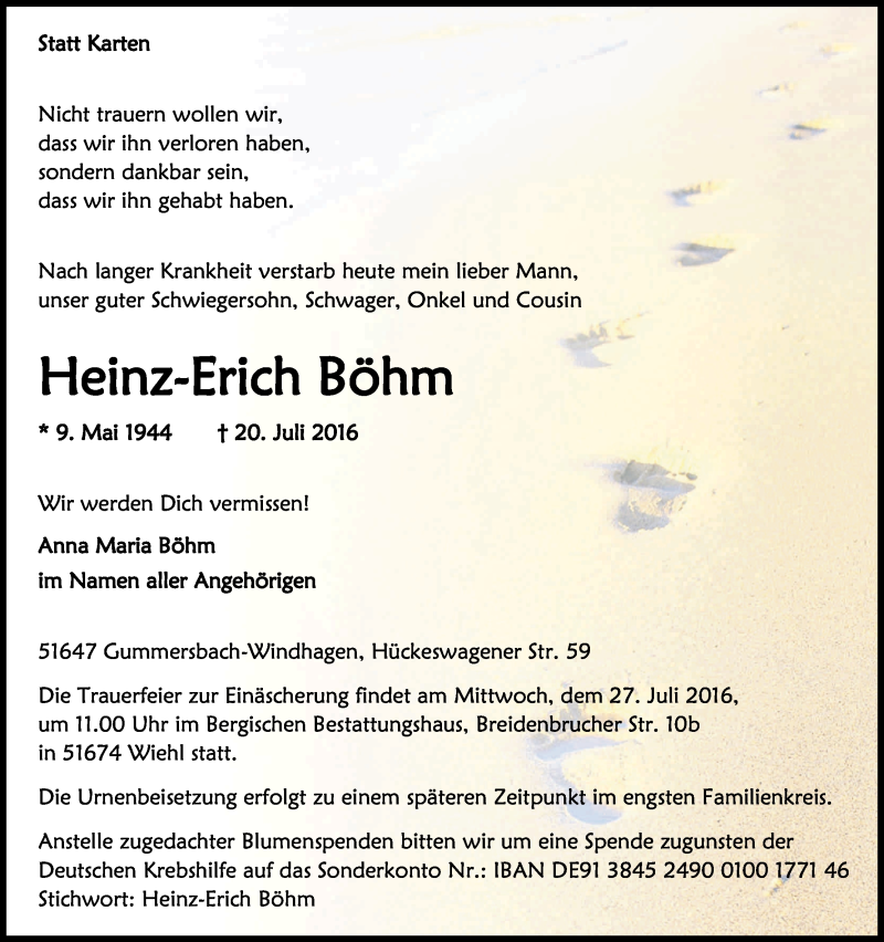  Traueranzeige für Heinz-Erich Böhm vom 23.07.2016 aus Kölner Stadt-Anzeiger / Kölnische Rundschau / Express