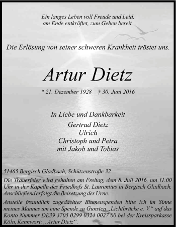 Anzeige von Artur Dietz von Kölner Stadt-Anzeiger / Kölnische Rundschau / Express