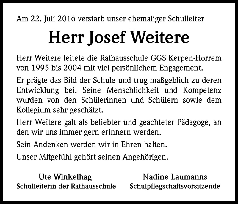  Traueranzeige für Josef Weitere vom 29.07.2016 aus Kölner Stadt-Anzeiger / Kölnische Rundschau / Express