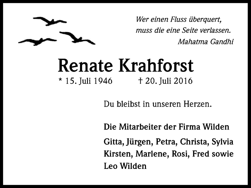  Traueranzeige für Renate Krahforst vom 30.07.2016 aus Kölner Stadt-Anzeiger / Kölnische Rundschau / Express