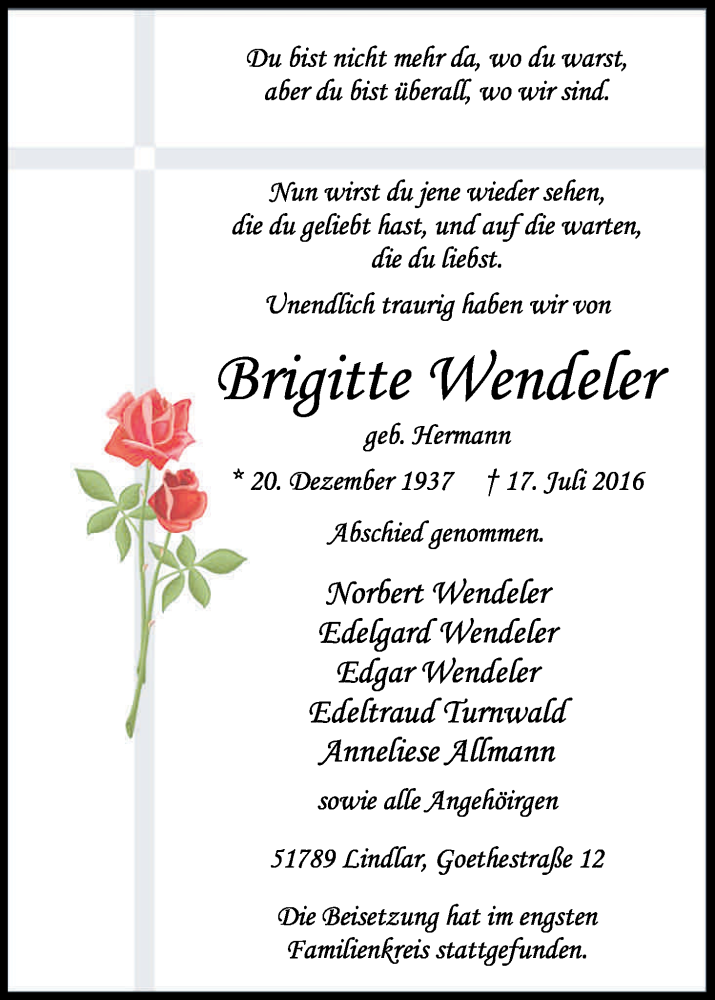  Traueranzeige für Brigitte Wendeler vom 23.07.2016 aus Kölner Stadt-Anzeiger / Kölnische Rundschau / Express