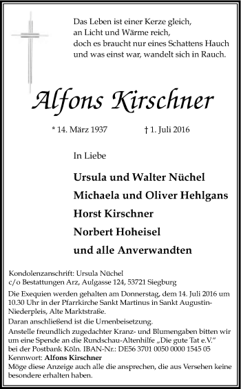 Anzeige von Alfons Kirschner von Kölner Stadt-Anzeiger / Kölnische Rundschau / Express
