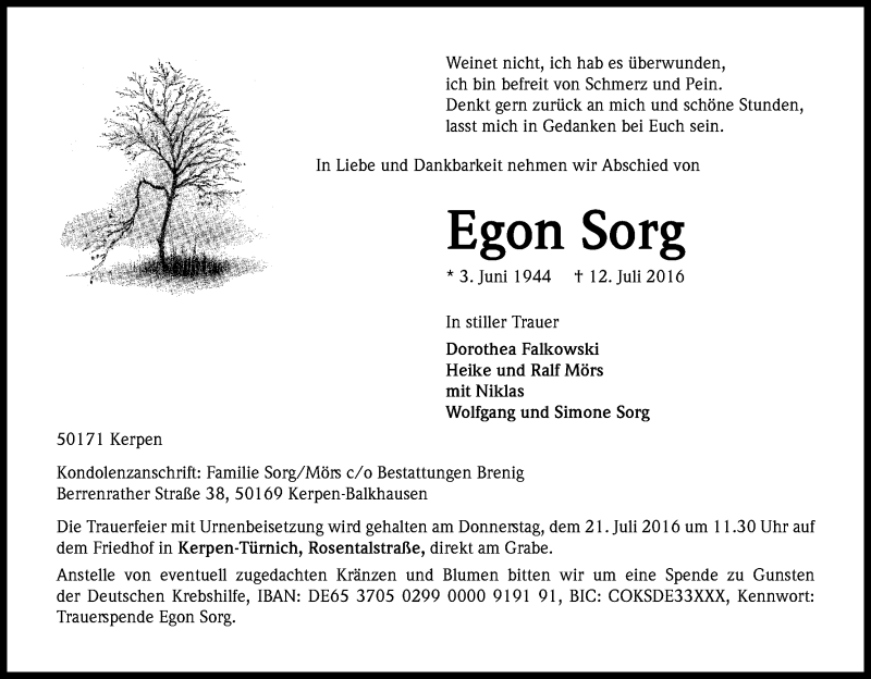  Traueranzeige für Egon Sorg vom 16.07.2016 aus Kölner Stadt-Anzeiger / Kölnische Rundschau / Express