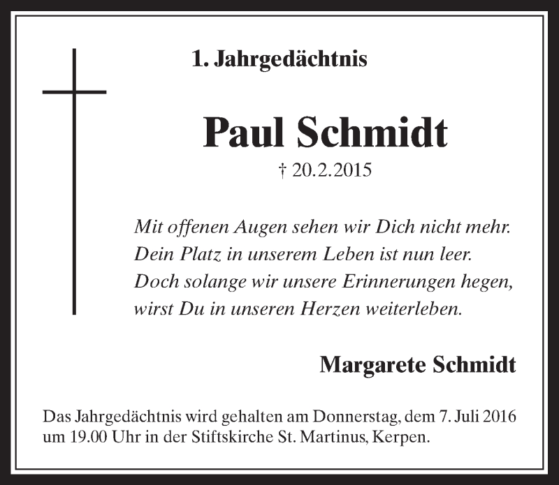  Traueranzeige für Paul Schmidt vom 06.07.2016 aus  Werbepost 