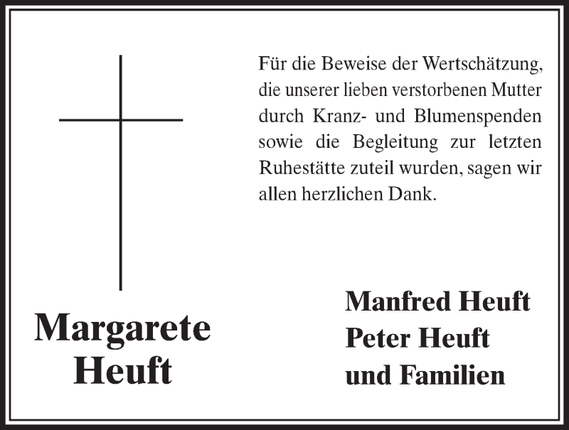  Traueranzeige für Margarete Heuft vom 27.07.2016 aus Schlossbote/ Werbekurier