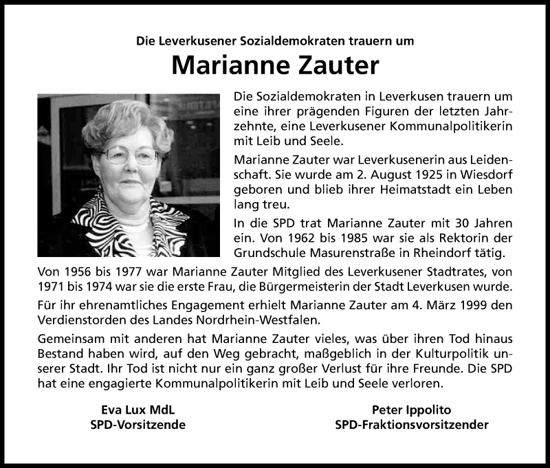  Traueranzeige für Marianne Zauter vom 30.07.2016 aus Kölner Stadt-Anzeiger / Kölnische Rundschau / Express