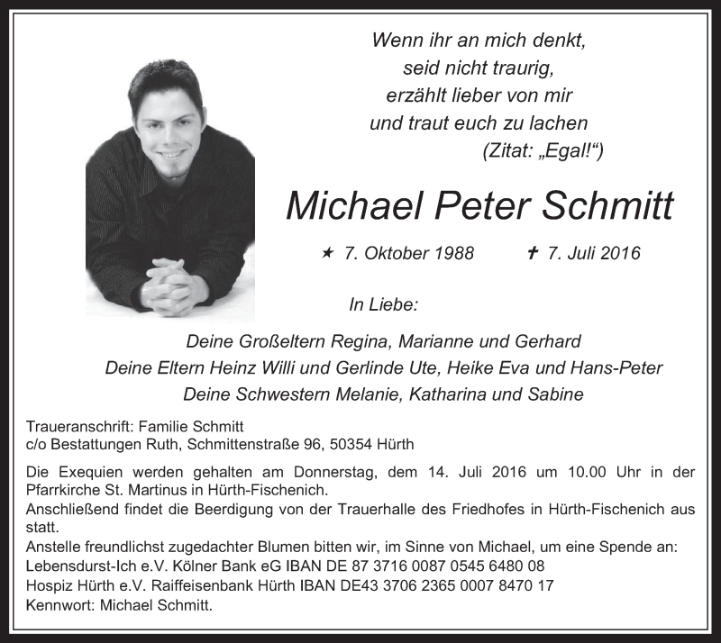  Traueranzeige für Michael Peter Schmitt vom 13.07.2016 aus  Wochenende 