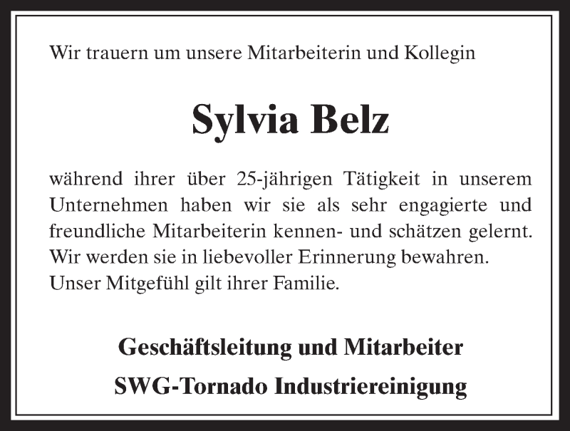 Traueranzeige für Sylvia Belz vom 20.07.2016 aus  Wochenende  Schlossbote/Werbekurier 