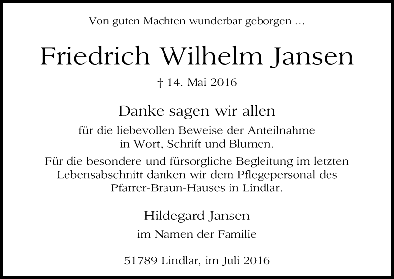  Traueranzeige für Friedrich Wilhelm Jansen vom 09.07.2016 aus Kölner Stadt-Anzeiger / Kölnische Rundschau / Express