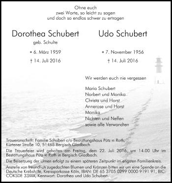 Anzeige von Dorothea und Udo Schubert von Kölner Stadt-Anzeiger / Kölnische Rundschau / Express