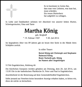 Anzeige von Martha König von Kölner Stadt-Anzeiger / Kölnische Rundschau / Express