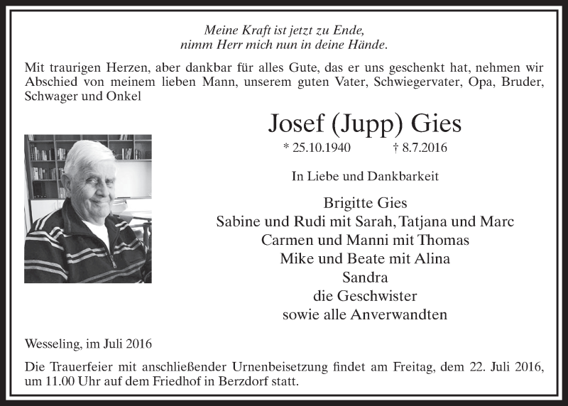  Traueranzeige für Josef Gies vom 20.07.2016 aus  Schlossbote/Werbekurier 