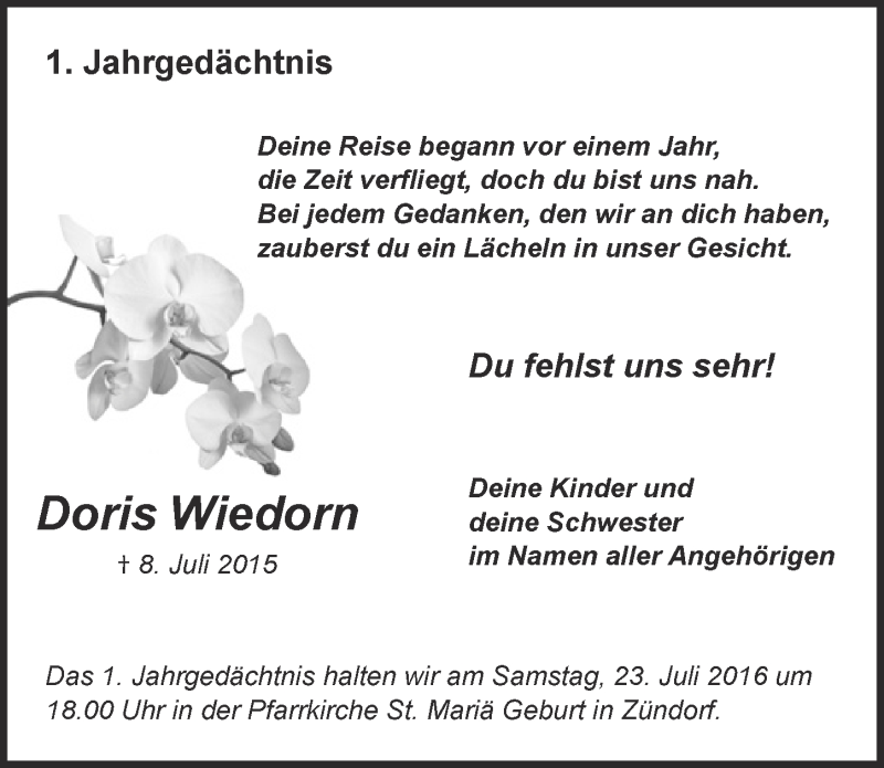  Traueranzeige für Doris Wiedorn vom 06.07.2016 aus  Kölner Wochenspiegel 