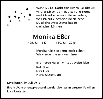 Anzeige von Monika Eßer von Kölner Stadt-Anzeiger / Kölnische Rundschau / Express