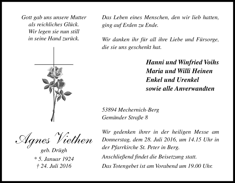  Traueranzeige für Agnes Viethen vom 27.07.2016 aus Kölner Stadt-Anzeiger / Kölnische Rundschau / Express