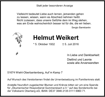 Anzeige von Helmut Weikert von Kölner Stadt-Anzeiger / Kölnische Rundschau / Express