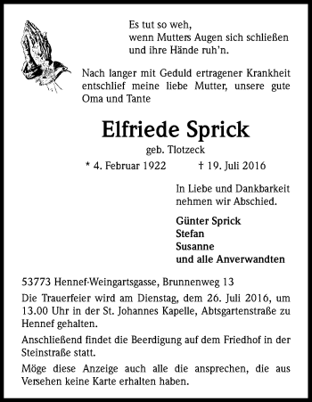 Anzeige von Elfriede Sprick von Kölner Stadt-Anzeiger / Kölnische Rundschau / Express