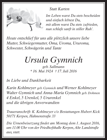 Anzeige von Ursula Gymnich von  Werbepost 