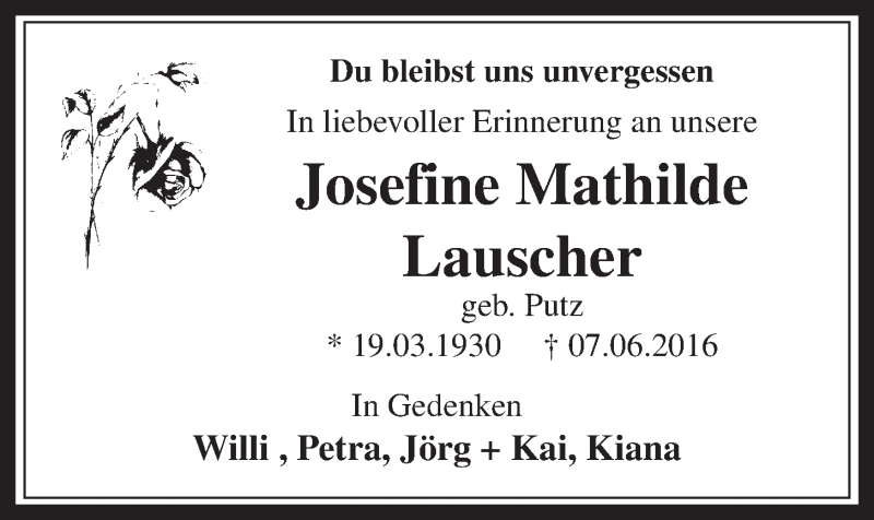  Traueranzeige für Josefine Mathilde Lauscher vom 06.07.2016 aus  Schlossbote/Werbekurier 