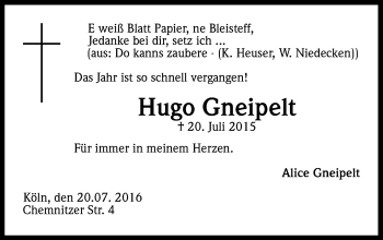 Anzeige von Hugo Gneipelt von Kölner Stadt-Anzeiger / Kölnische Rundschau / Express