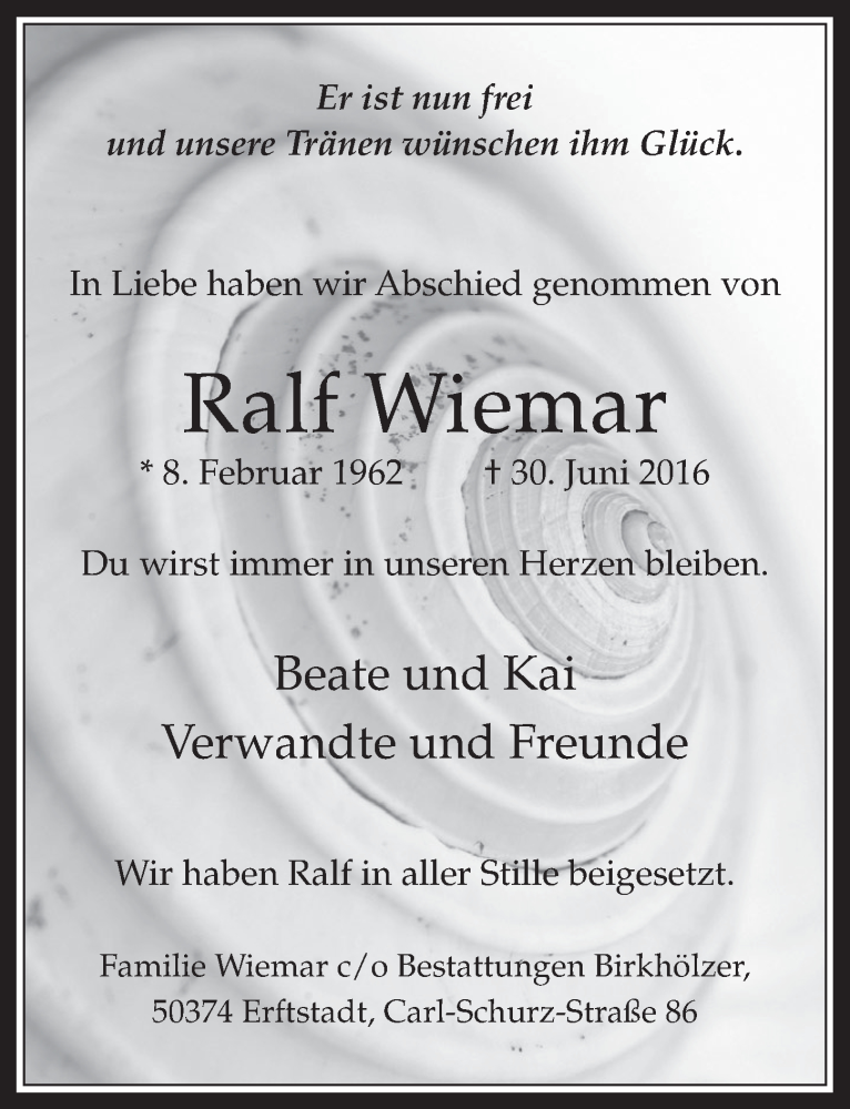  Traueranzeige für Ralf Wiemar vom 27.07.2016 aus  Werbepost 