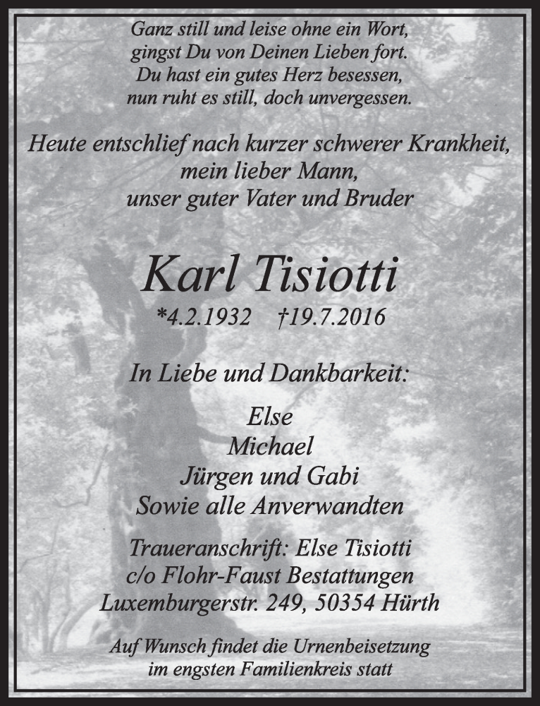  Traueranzeige für Karl Tisiotti vom 23.07.2016 aus  Sonntags-Post 