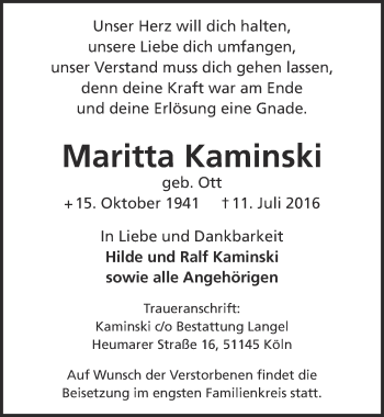 Anzeige von Maritta Kaminski von  Kölner Wochenspiegel 