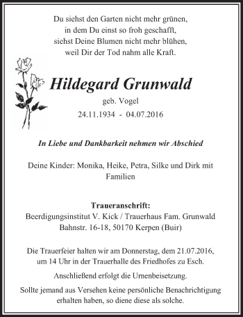 Anzeige von Hildegard Grunwald von  Sonntags-Post 