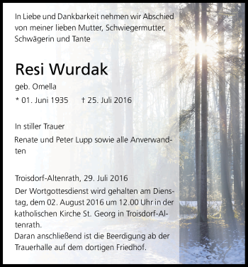 Anzeige von Resi Wurdak von Kölner Stadt-Anzeiger / Kölnische Rundschau / Express