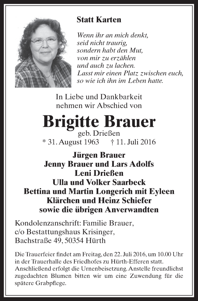  Traueranzeige für Brigitte Brauer vom 20.07.2016 aus  Wochenende 