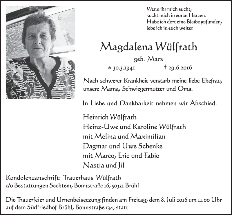  Traueranzeige für Magdalena Wülfrath vom 06.07.2016 aus  Schlossbote/Werbekurier 