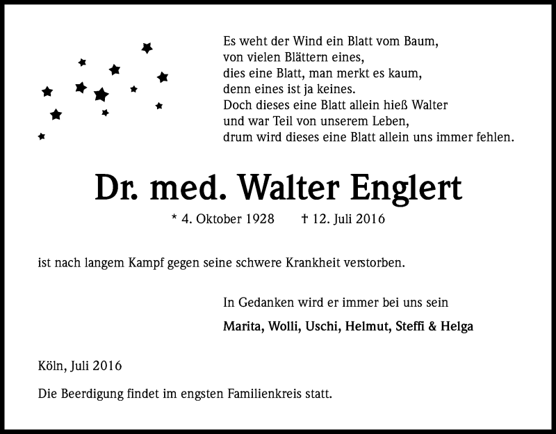  Traueranzeige für Walter Englert vom 16.07.2016 aus Kölner Stadt-Anzeiger / Kölnische Rundschau / Express