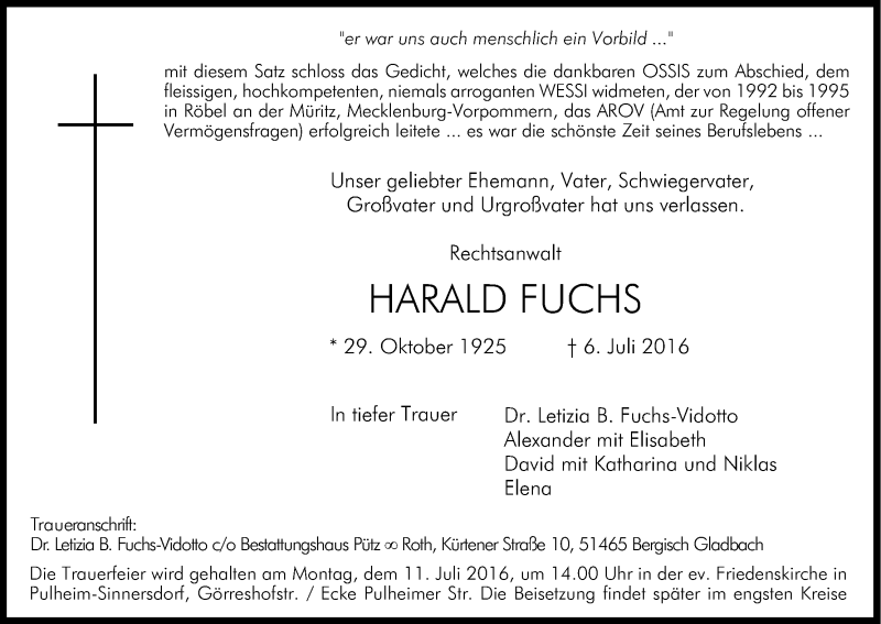  Traueranzeige für Harald Fuchs vom 09.07.2016 aus Kölner Stadt-Anzeiger / Kölnische Rundschau / Express