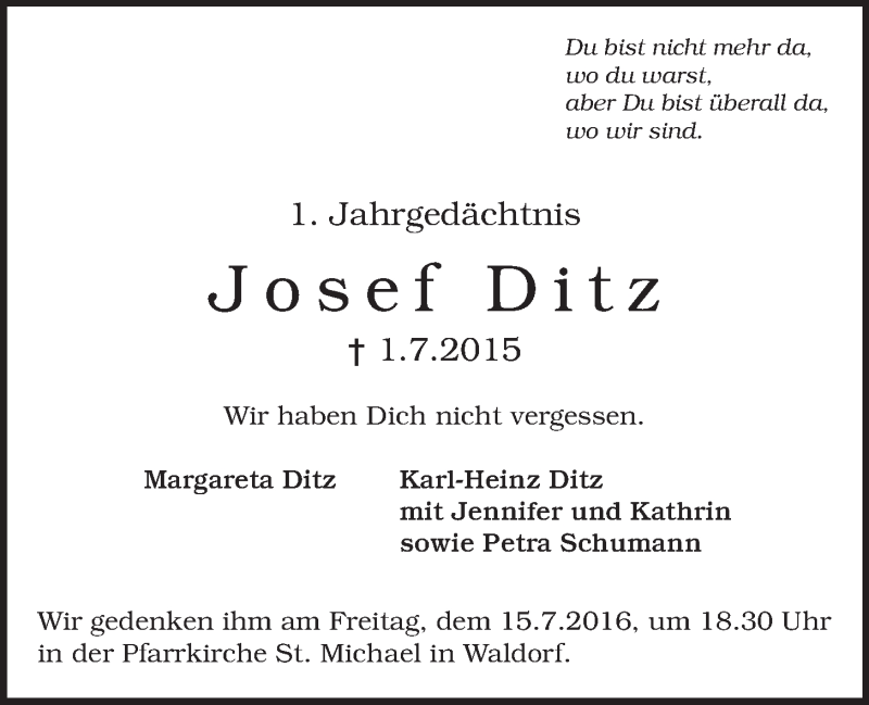  Traueranzeige für Josef Ditz vom 06.07.2016 aus  Schaufenster/Blickpunkt 