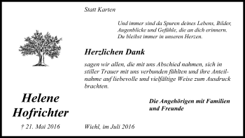 Anzeige von Helene Hofrichter von Kölner Stadt-Anzeiger / Kölnische Rundschau / Express