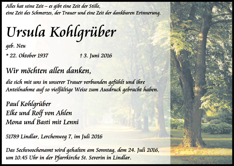  Traueranzeige für Ursula Kohlgrüber vom 16.07.2016 aus Kölner Stadt-Anzeiger / Kölnische Rundschau / Express