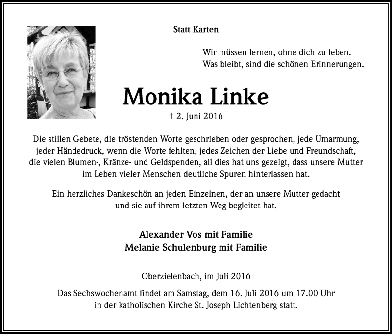  Traueranzeige für Monika Linke vom 09.07.2016 aus Kölner Stadt-Anzeiger / Kölnische Rundschau / Express