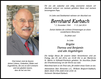 Anzeige von Bernhard Karbach von Kölner Stadt-Anzeiger / Kölnische Rundschau / Express